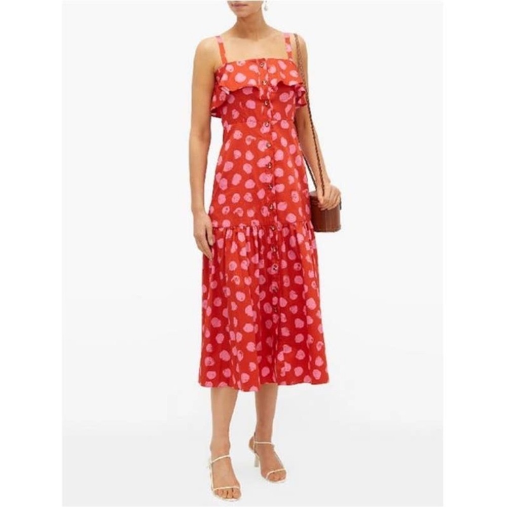 New BORGO DE NOR Red Florence Ruffled Polka-dot Cotton Midi Dress sz 6